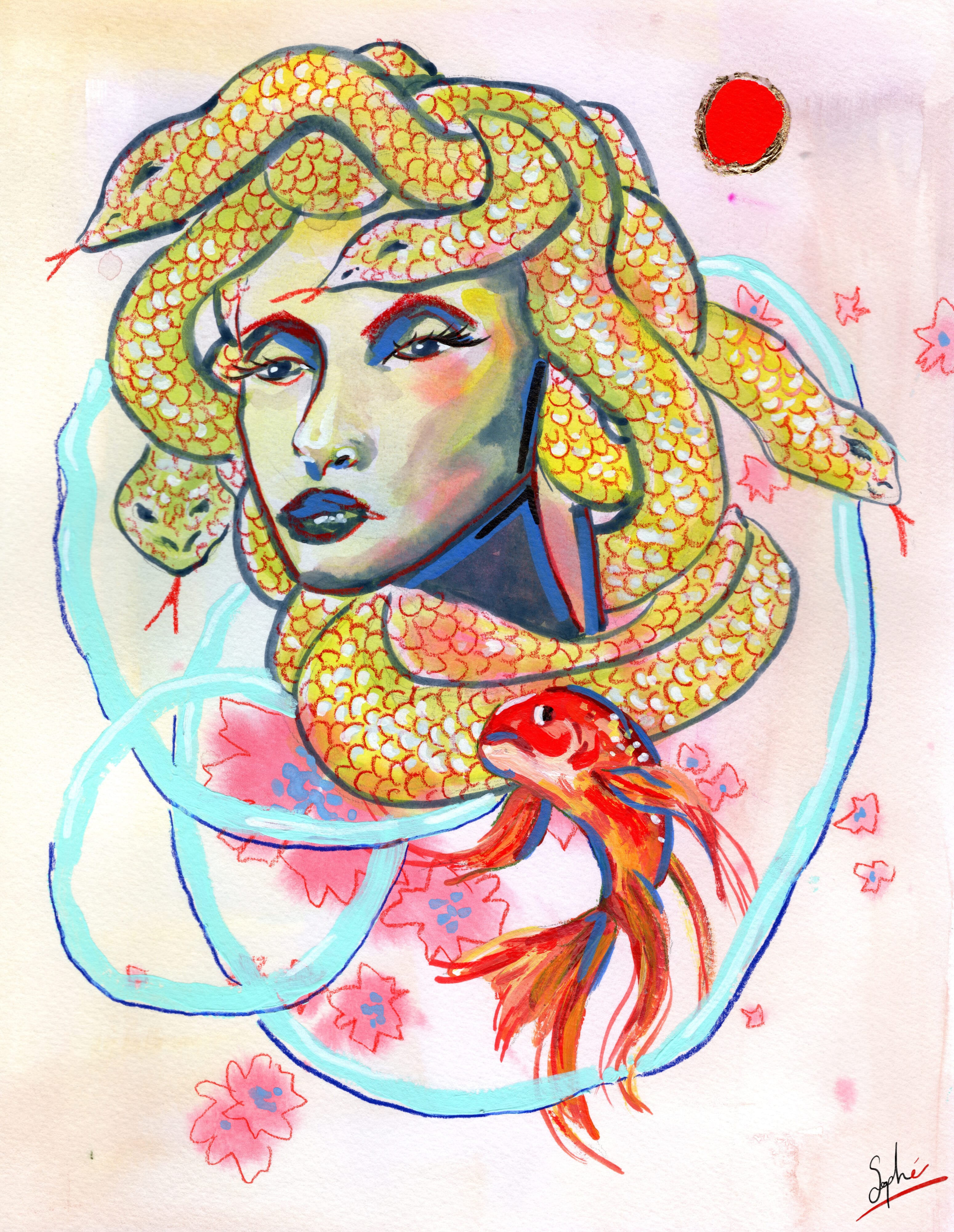 Médusa et poisson rouge par Sophé